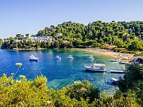 troulos beach, skiathos island, greece. beautiful vivid panorama view of blue aegean sea...
