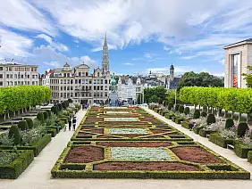 brussels skyline and city hall tower, belgium
