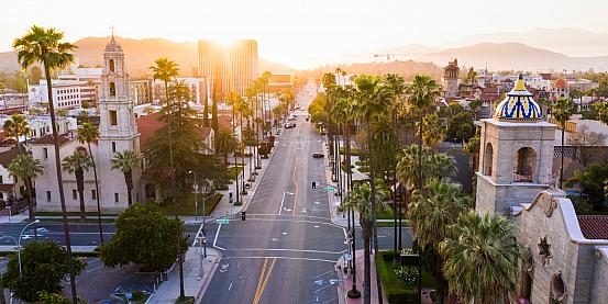 sunset,aerial,view,of,historic,downtown,riverside,,california.