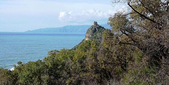 i romantici resti della torre caina, abbarbicati su un promontorio appuntito a dirupo sul mare nei pressi di castrocucco di maratea.