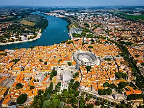 the aerail view of arles, a city on the rhône river in the provence region of france