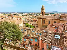 panoramic view of santarcangelo di romagna town in rimini province, italy