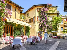 buildings in gardone riviera covered by large flowering climbing plant