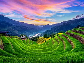 beautiful rice terraces at sunset in mu cang chai, vietnam.