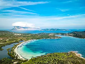 aerial view of cala brandinchi also called tahiti for its beautiful sea and sandy beach