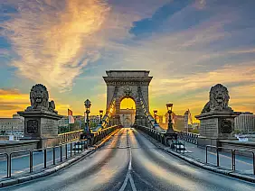 budapest hungary, city skyline sunrise at chain bridge with famous lion statue