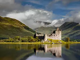 reflection of kilchurn castle in loch awe, highlands, scotland