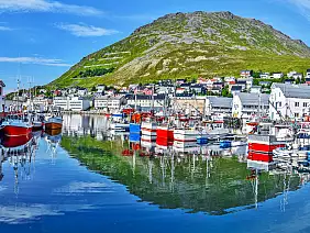 panoramic view of honningsvag town from the port in mageroya island. nordkapp...