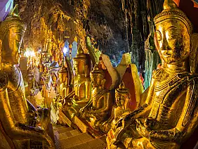 golden buddha statues in pindaya cave, burma, myanmar.