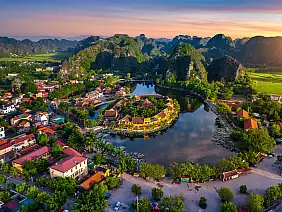 aerial view of tam coc at sunrise in vietnam.