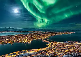 turistipercaso Aurora Borealis dancing over the city of Tromso and full moon, Northern Norway