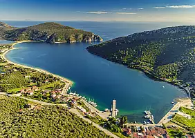 turistipercaso Aerial view of Porto Koufo on the Sithonia peninsula, in the Chalkidiki , Greece.